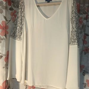 White Apt. 9 dress shirt with flare sleeves and lace cutouts